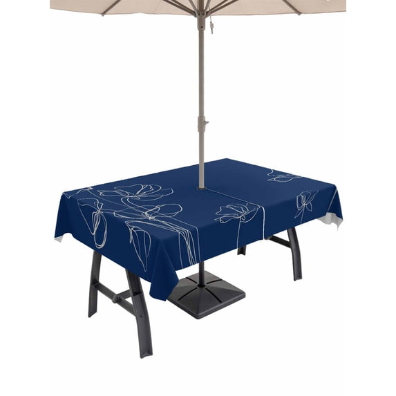 Outdoor Tablecloth with Umbrella Hole and Zipper, Navy Blue Flowers Rectangle Table Cloth 60x84 Inch Waterproof Tablecloth, Rustic Abstract Floral Simple Art Picnic Table Cover for Patio Camping
