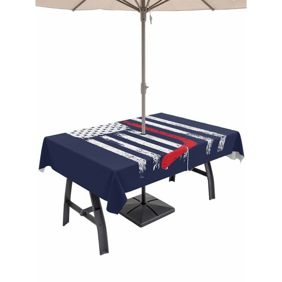 Outdoor Tablecloth with Umbrella Hole and Zipper, Navy Blue Hockey American Flag Rectangle Table Cloth 54x80 Inch Waterproof Tablecloth, Vintage Abstract US Flag Picnic Table Cover for Patio Camping
