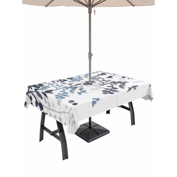Outdoor Tablecloth with Umbrella Hole and Zipper, Navy Blue Leaves Rectangle Table Cloth 60x84 Inch Waterproof Tablecloth, Summer Botanical Picnic Table Cover for Patio Camping