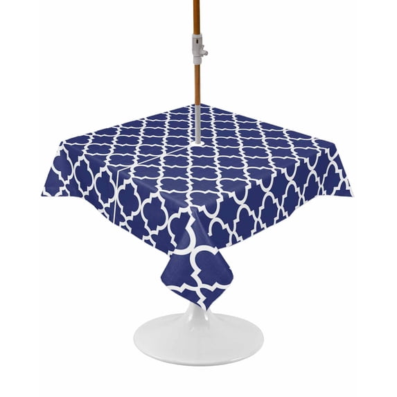 Outdoor Tablecloth with Umbrella Hole and Zipper Navy Blue Morocco Pattern Square Tablecloths 54x54 Inch Waterproof Table Cloths Geometric Patio Table Cover for Outdoor Tables Picnic BBQS Party
