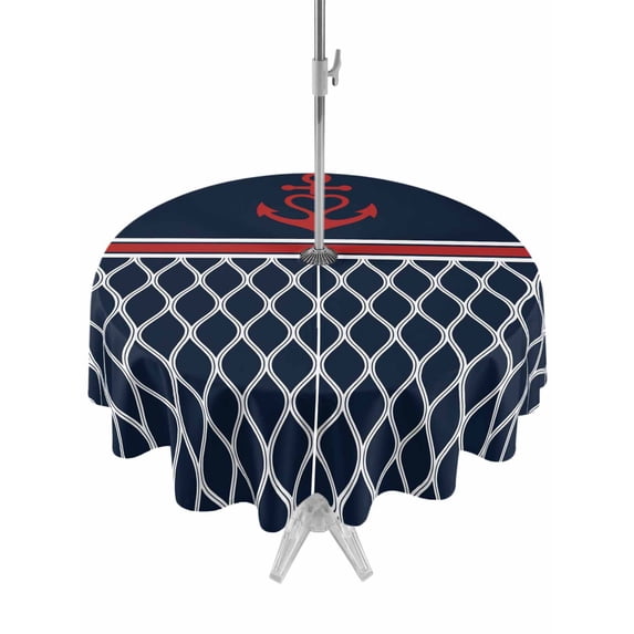 Outdoor Tablecloth with Umbrella Hole and Zipper, Navy Blue Morocco Round Table Cloth 60 Inch Waterproof Tablecloth, Red Ocean Nautical Anchor Stripe Picnic Table Cover for Patio Camping