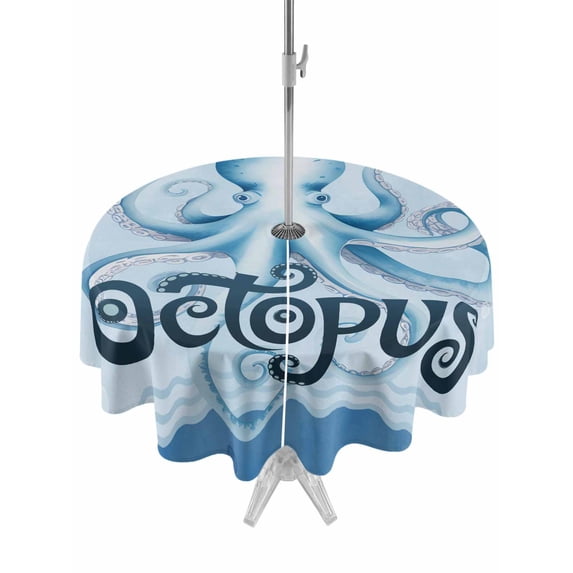Outdoor Tablecloth with Umbrella Hole and Zipper, Navy Blue Octopus Round Table Cloth 54 Inch Waterproof Tablecloth, Coastal Bubbles Ocean Waves Picnic Table Cover for Patio Camping