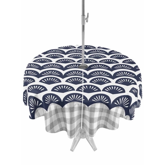 Outdoor Tablecloth with Umbrella Hole Zipper Navy Blue Pine Leaves Round Tablecloth 60" Waterproof Outside Table Cloth Abstract Art Geometric Gray Plaid Patio Table Cover Tablecloths for Picnic Party