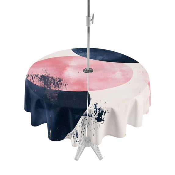 Outdoor Tablecloth with Umbrella Hole Zipper Navy Blue Pink Abstract Art Round Tablecloth 60" Waterproof Outside Table Cloth Modern Luxury Geometric Patio Table Cover Tablecloths for Picnic Party