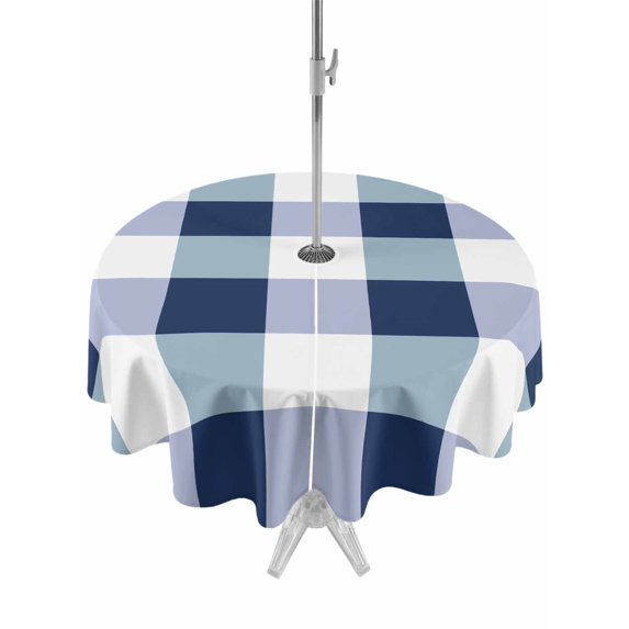 Outdoor Tablecloth with Umbrella Hole and Zipper, Navy Blue Plaid Waterproof Patio Tablecloth for Dining Round 60'', Spring Farmhouse Buffalo Checkered Wipeable Table Cover for Picnic BBQ Party Patio