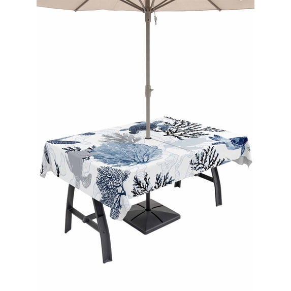 Outdoor Tablecloth with Umbrella Hole & Zipper, Navy Blue Sea Turtle Coastal Rectangle Tablecloth 54x80 Inch, Summer Beach Black Coral Nautical Patio Table Cover Waterproof Table Cloth for Picnic
