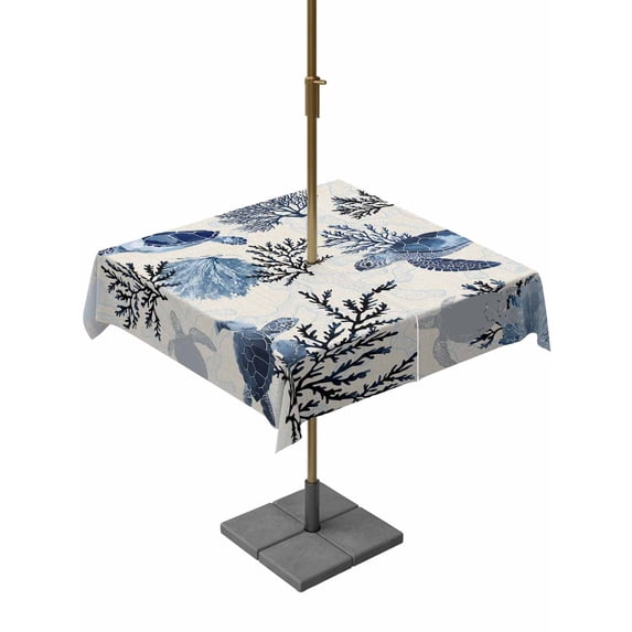 Outdoor Tablecloth with Umbrella Hole & Zipper, Navy Blue Sea Turtle Coastal Square Tablecloth 54x54 Inch, Beach Black Coral Nautical Rustic Patio Table Cover Waterproof Table Cloth for Picnic/Party