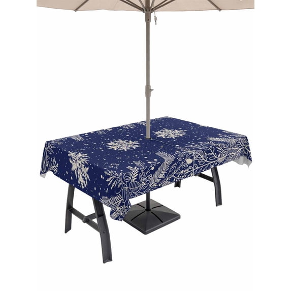 Outdoor Tablecloth with Umbrella Hole and Zipper, Navy Blue Snowflake Christmas Rectangle Table Cloth 52x70 Inch Waterproof Tablecloth, Rustic Xmas Botanical Picnic Table Cover for Patio Camping