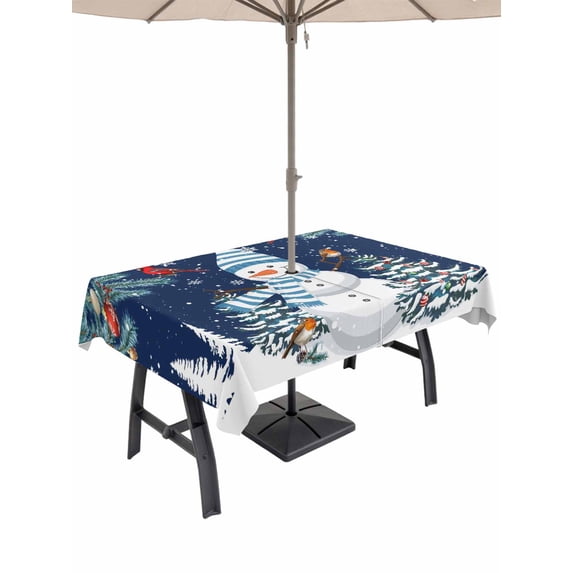 Outdoor Tablecloth with Umbrella Hole and Zipper, Navy Blue Snowman Christmas Rectangle Table Cloth 52x70 Inch Waterproof Tablecloth, Xmas Tree Balls Snowflake Picnic Table Cover for Patio Camping