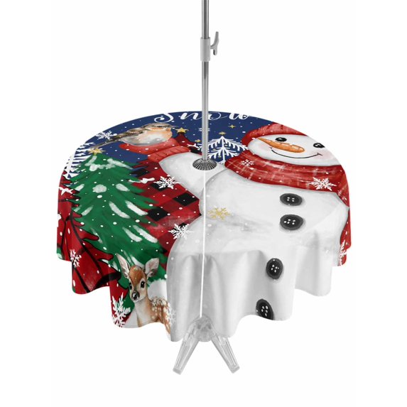 Outdoor Tablecloth with Umbrella Hole and Zipper, Navy Blue Snowman Christmas Round Table Cloth 54 Inch Waterproof Tablecloth, Snowflake Xmas Tree Winter Elk Picnic Table Cover for Patio Camping