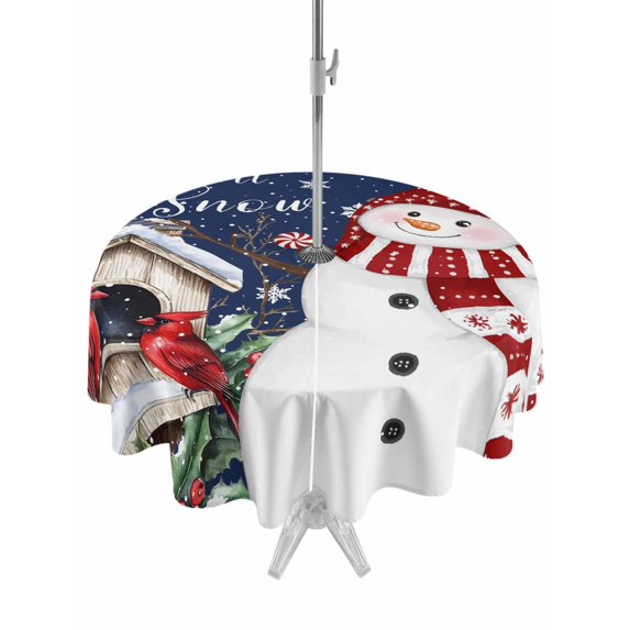 Outdoor Tablecloth with Umbrella Hole and Zipper, Navy Blue Snowman Christmas Round Table Cloth 54 Inch Waterproof Tablecloth, Xmas Snowflake Birds Berry Winter Picnic Table Cover for Patio Camping