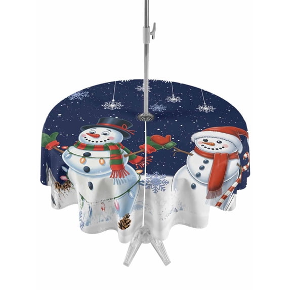 Outdoor Tablecloth with Umbrella Hole and Zipper, Navy Blue Snowman Christmas Round Table Cloth 54 Inch Waterproof Tablecloth, Xmas Snowflake Winter Ball Picnic Table Cover for Patio Camping