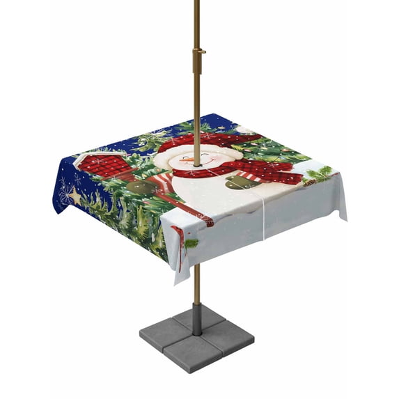 Outdoor Tablecloth with Umbrella Hole and Zipper, Navy Blue Snowman Christmas Square Table Cloth 54x54 Inch Waterproof Tablecloth, Green Xmas Tree Snowflake Winter Picnic Table Cover for Patio