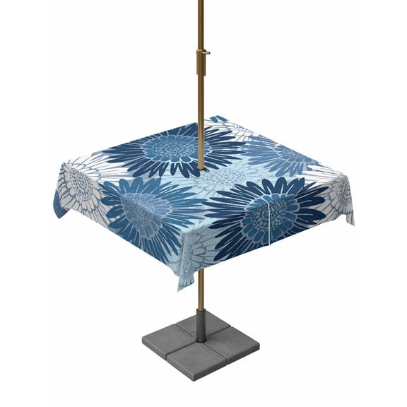 Outdoor Tablecloth with Umbrella Hole & Zipper, Navy Blue Spring Floral Square Tablecloth 54x54 Inch, Farmhouse Botanical Summer Sunflower Patio Table Cover Waterproof Table Cloth for Picnic/Party