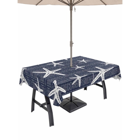 Outdoor Tablecloth with Umbrella Hole & Zipper, Navy Blue Starfish Coastal Rectangle Tablecloth 60x120 Inch, Summer Beach Nautical Sea Ocean Patio Table Cover Waterproof Table Cloth for Picnic/Party