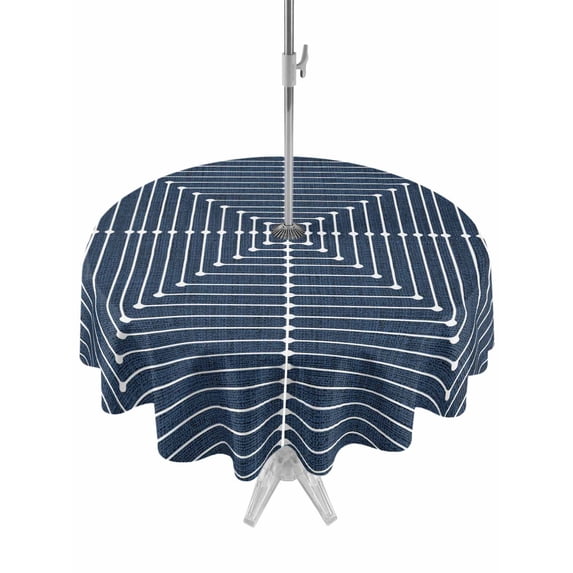 Outdoor Tablecloth with Umbrella Hole & Zipper, Navy Blue Striped Round Tablecloth 54 Inch, Farmhouse Stripes Geometric Abstract Patio Table Cover Waterproof Table Cloth for Picnic/Party