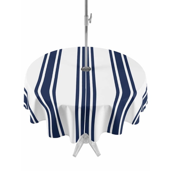 Outdoor Tablecloth with Umbrella Hole & Zipper, Navy Blue Striped Round Tablecloth 54 Inch, Farmhouse Vertical Stripes Patio Table Cover Waterproof Table Cloth for Picnic/Party