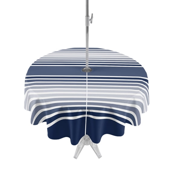 Outdoor Tablecloth with Umbrella Hole & Zipper, Navy Blue Striped Round Tablecloth 60 Inch, Modern Farmhouse Striped Minimalist Patio Table Cover Waterproof Table Cloth for Picnic/Party