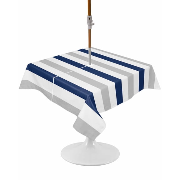 Outdoor Tablecloth with Umbrella Hole and Zipper Navy Blue Stripes Square Tablecloths 54x54 Inch Waterproof Table Cloths Grey Classic Striped Patio Table Cover for Outdoor Tables Picnic BBQS Party