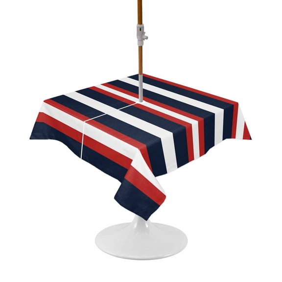 Outdoor Tablecloth with Umbrella Hole and Zipper Navy Blue Stripes Square Tablecloths 54x54 Inch Waterproof Table Cloths Red Striped Patio Table Cover for Outdoor Tables Picnic BBQS Party Decor