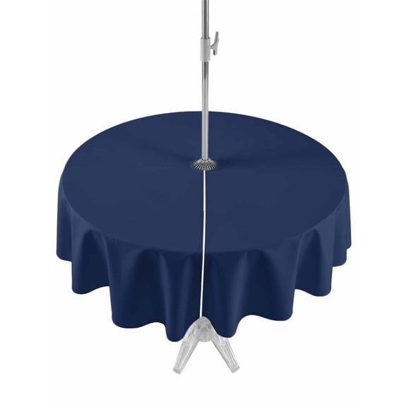 Outdoor Tablecloth with Umbrella Hole and Zipper, Navy Blue Waterproof Patio Tablecloth for Dining Round 54'', Modern Pure Navy Blue Wipeable Table Cover for Picnic BBQ Party Patio