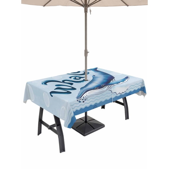 Outdoor Tablecloth with Umbrella Hole and Zipper, Navy Blue Whale Rectangle Table Cloth 60x120 Inch Waterproof Tablecloth, Summer Coastal Bubbles Ocean Waves Picnic Table Cover for Patio Camping