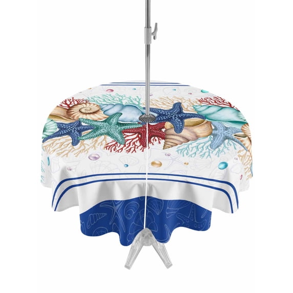 Outdoor Tablecloth with Umbrella Hole and Zipper, Navy Starfish Summer Round Table Cloth 60 Inch Waterproof Tablecloth, Ocean Conch Coral Coastal Shell Picnic Table Cover for Patio Camping