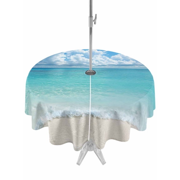 Outdoor Tablecloth with Umbrella Hole and Zipper, Ocean Blue Waterproof Patio Tablecloth for Dining Round 54'', Beach Nature Coast Sea Shore Sky Seawater Wipeable Table Cover for Picnic BBQ Party