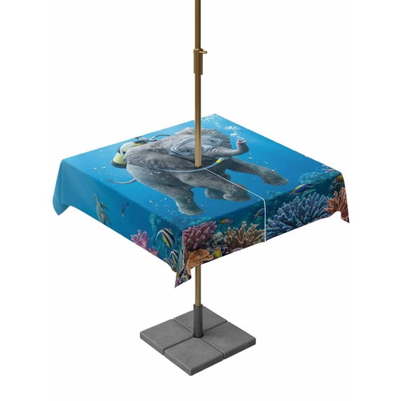 Outdoor Tablecloth with Umbrella Hole and Zipper, Ocean Diving Elephant Square Table Cloth 54x54 Inch Waterproof Tablecloth, Blue Coastal Coral Fish Marine Life Picnic Table Cover for Patio Camping