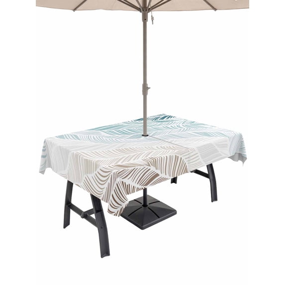 Outdoor Tablecloth with Umbrella Hole and Zipper, Ombre Brown Blue Rectangle Table Cloth 60x120 Inch Waterproof Tablecloth, Summer Coastal Ocean Sea Beach Wave Picnic Table Cover for Patio Camping