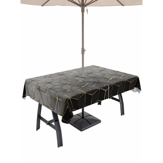 Outdoor Tablecloth with Umbrella Hole and Zipper, Ombre Gray Geometric Rectangle Table Cloth 54x80 Inch Waterproof Tablecloth, Modern Abstract Art Picnic Table Cover for Patio Camping