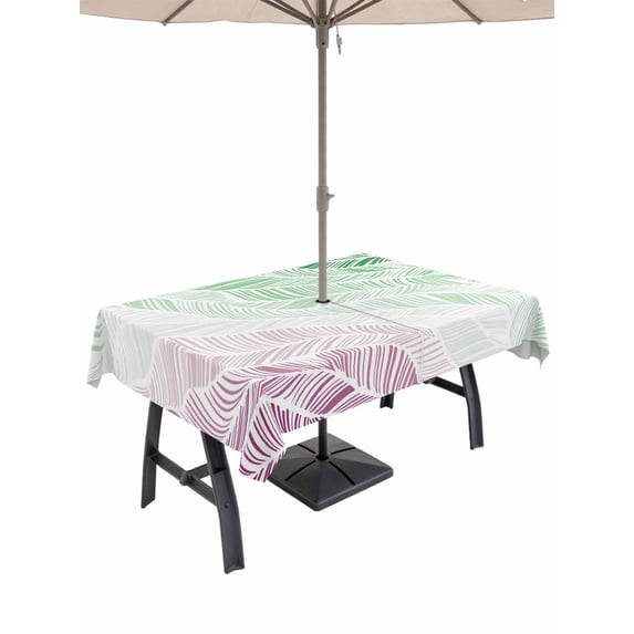 Outdoor Tablecloth with Umbrella Hole and Zipper, Ombre Green Pink Rectangle Table Cloth 54x80 Inch Waterproof Tablecloth, Summer Coastal Ocean Sea Beach Wave Picnic Table Cover for Patio Camping