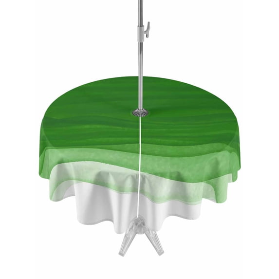 Outdoor Tablecloth with Umbrella Hole and Zipper, Ombre Green Waves Round Table Cloth 60 Inch Waterproof Tablecloth, Abstract Art Gradient Modern Picnic Table Cover for Patio Camping