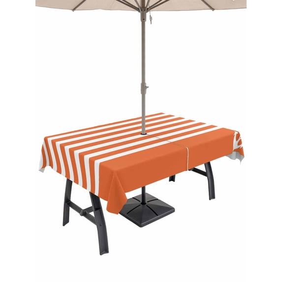 Outdoor Tablecloth with Umbrella Hole and Zipper, Orange Anchor Rectangle Table Cloth 60x102 Inch Waterproof Tablecloth, Modern Nautical White Geometric Stripes Picnic Table Cover for Patio Camping