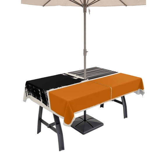 Outdoor Tablecloth with Umbrella Hole and Zipper, Orange Black Rectangle Table Cloth 52x70 Inch Waterproof Tablecloth, Farmhouse Striped Modern Abstract Art Picnic Table Cover for Patio Camping
