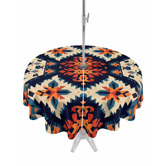 Outdoor Tablecloth with Umbrella Hole Zipper Orange Blue Boho Round Tablecloth 54" Waterproof Outside Table Cloth Colorful Abstract Ethnic Aesthetic Patio Table Cover Tablecloths for Picnic Party