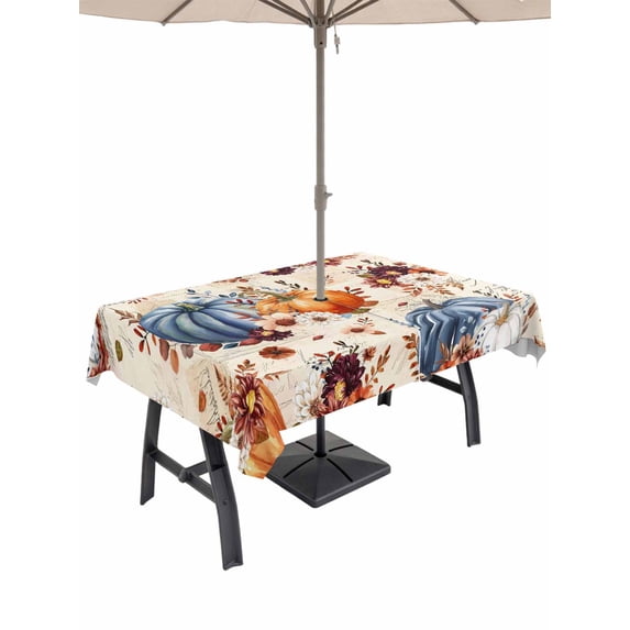 Outdoor Tablecloth with Umbrella Hole and Zipper, Orange Blue Fall Pumpkins Rectangle Table Cloth 60x102 Inch Waterproof Tablecloth, Floral Botanical Thanksgiving Vintage Picnic Table Cover for Patio