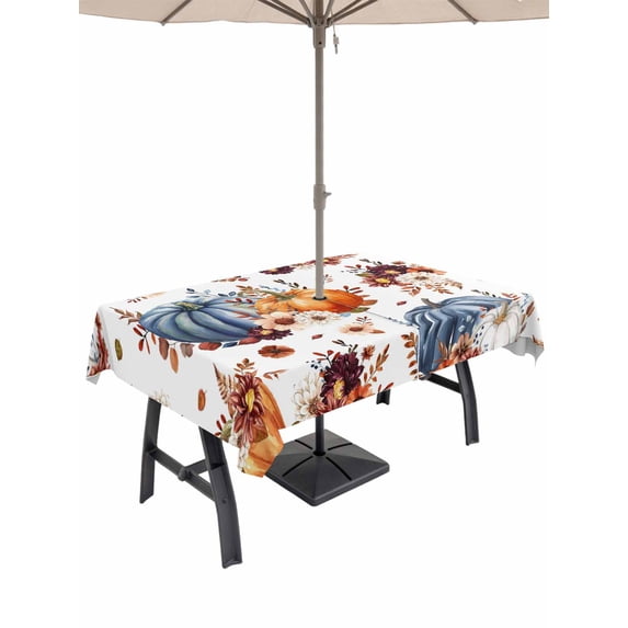 Outdoor Tablecloth with Umbrella Hole and Zipper, Orange Blue Fall Pumpkins Rectangle Table Cloth 60x120 Inch Waterproof Tablecloth, Floral Botanical Thanksgiving Picnic Table Cover for Patio Camping