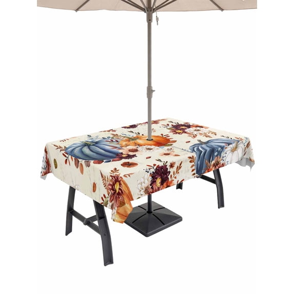 Outdoor Tablecloth with Umbrella Hole and Zipper, Orange Blue Fall Pumpkins Rectangle Table Cloth 60x84 Inch Waterproof Tablecloth, Floral Botanical Thanksgiving Retro Picnic Table Cover for Patio