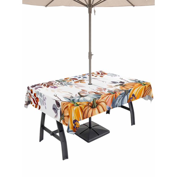 Outdoor Tablecloth with Umbrella Hole and Zipper, Orange Blue Fall Rectangle Table Cloth 54x80 Inch Waterproof Tablecloth, Thanksgiving Maple Leaf Pumpkins Picnic Table Cover for Patio Camping