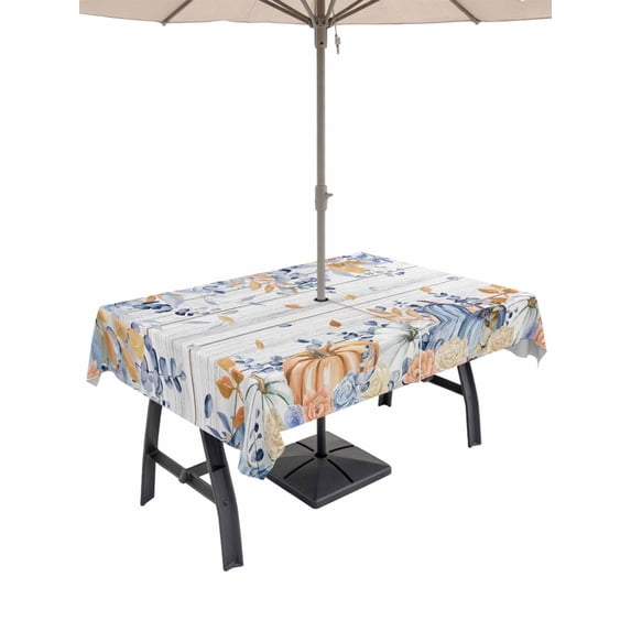 Outdoor Tablecloth with Umbrella Hole and Zipper, Orange Blue Fall Rectangle Table Cloth 60x102 Inch Waterproof Tablecloth, Thanksgiving Floral Botanical Vintage Picnic Table Cover for Patio Camping