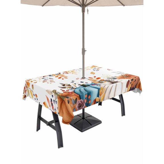 Outdoor Tablecloth with Umbrella Hole and Zipper, Orange Blue Fall Rectangle Table Cloth 60x102 Inch Waterproof Tablecloth, Thanksgiving Maple Leaf Autumn Picnic Table Cover for Patio Camping