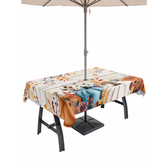 Outdoor Tablecloth with Umbrella Hole and Zipper, Orange Blue Fall Rectangle Table Cloth 60x120 Inch Waterproof Tablecloth, Pumpkins Retro Botanical Thanksgiving Picnic Table Cover for Patio Camping