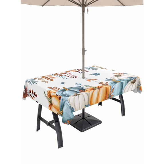 Outdoor Tablecloth with Umbrella Hole and Zipper, Orange Blue Fall Rectangle Table Cloth 60x120 Inch Waterproof Tablecloth, Thanksgiving Botanical Pumpkins Picnic Table Cover for Patio Camping