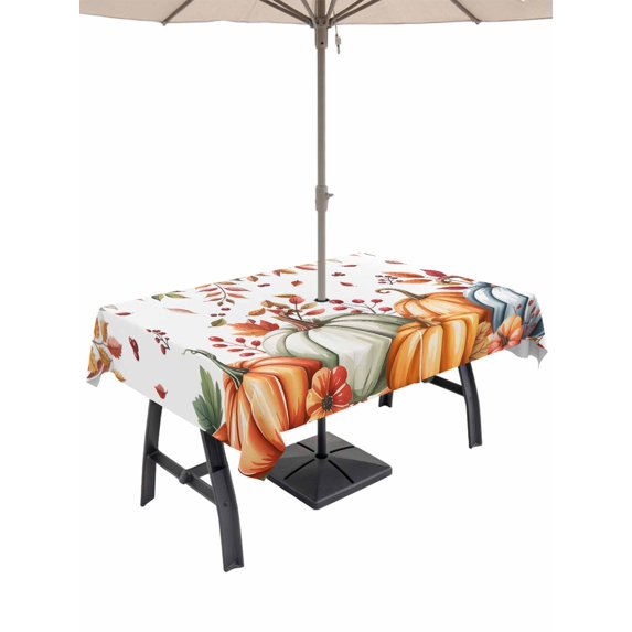 Outdoor Tablecloth with Umbrella Hole and Zipper, Orange Blue Fall Rectangle Table Cloth 60x120 Inch Waterproof Tablecloth, Thanksgiving Pumpkins Maple Leaf Picnic Table Cover for Patio Camping