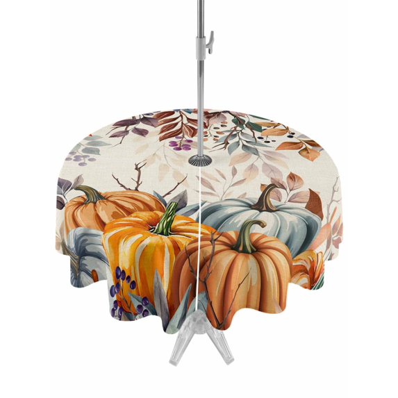 Outdoor Tablecloth with Umbrella Hole and Zipper, Orange Blue Fall Round Table Cloth 60 Inch Waterproof Tablecloth, Retro Thanksgiving Pumpkins Botanical Picnic Table Cover for Patio Camping