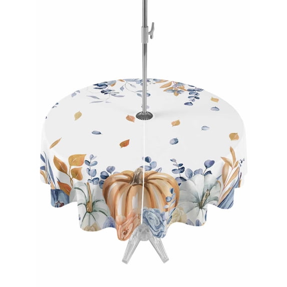 Outdoor Tablecloth with Umbrella Hole and Zipper, Orange Blue Fall Round Table Cloth 60 Inch Waterproof Tablecloth, Thanksgiving Floral Botanical Picnic Table Cover for Patio Camping