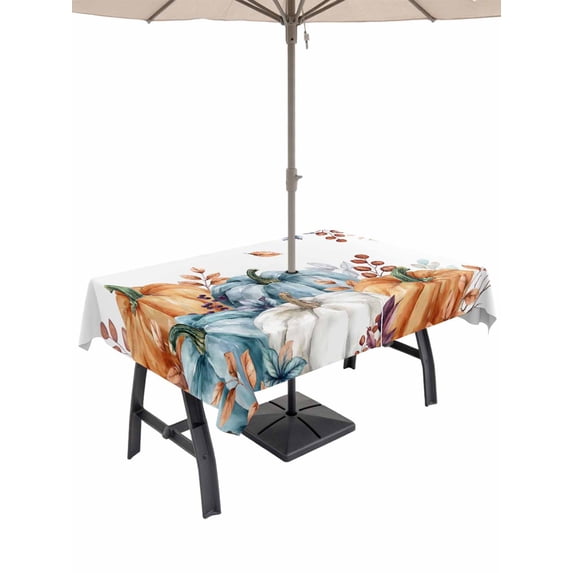 Outdoor Tablecloth with Umbrella Hole and Zipper, Orange Blue Grey Fall Rectangle Table Cloth 60x120 Inch Waterproof Tablecloth, Thanksgiving Pumpkins Botanical Picnic Table Cover for Patio Camping