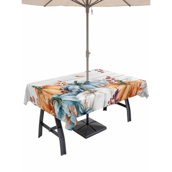 Outdoor Tablecloth with Umbrella Hole and Zipper, Orange Blue Grey Pumpkins Fall Rectangle Table Cloth 60x120 Inch Waterproof Tablecloth, Thanksgiving Botanical Vintage Picnic Table Cover for Patio