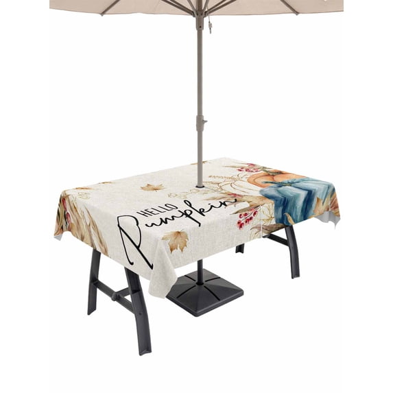 Outdoor Tablecloth with Umbrella Hole and Zipper, Orange Blue Pumpkin Fall Rectangle Table Cloth 60x102 Inch Waterproof Tablecloth, Thanksgiving Wheat Botanical Vintage Picnic Table Cover for Patio